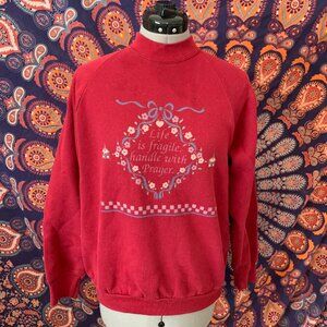 Vintage 90s Maroon "Prayer Is Fragile" Novelty Sweatshirt Size Large